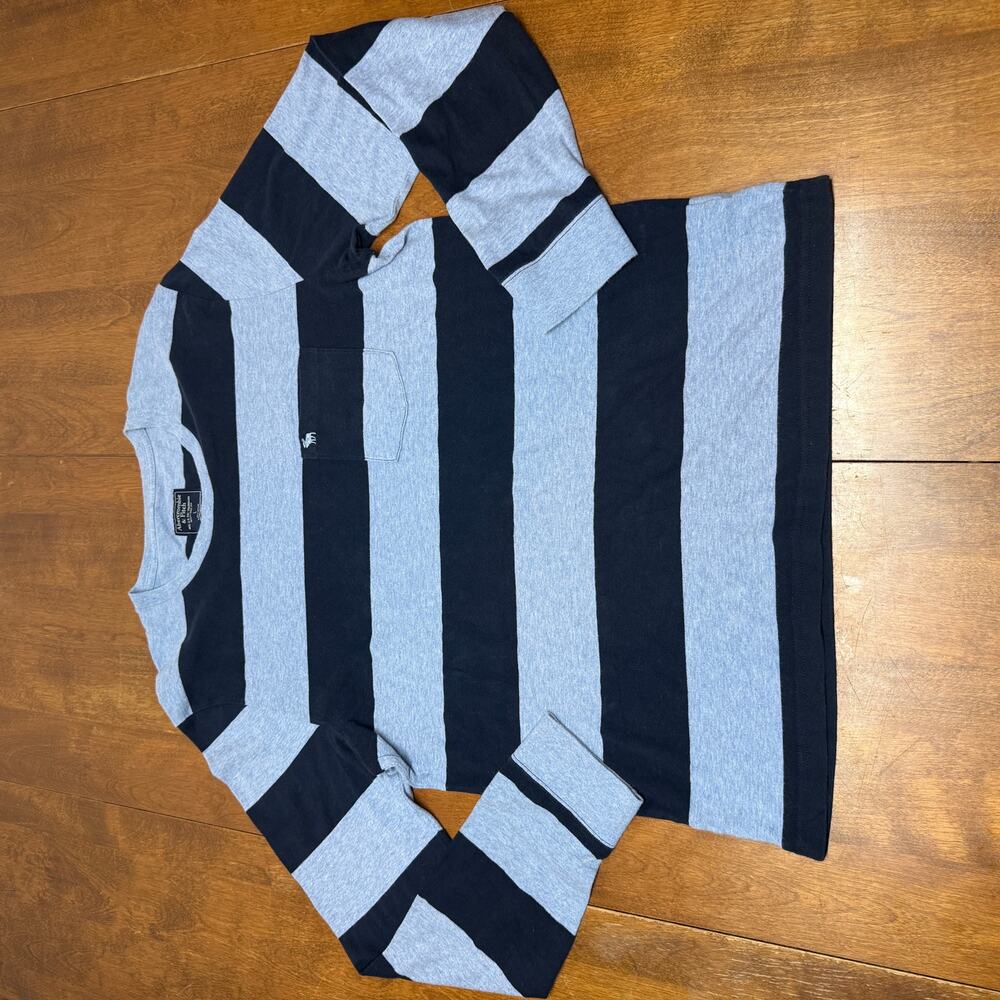Abercrombie & Fitch Mens L Striped Long Sleeve Pocket T Shirt Navy Gray Moose